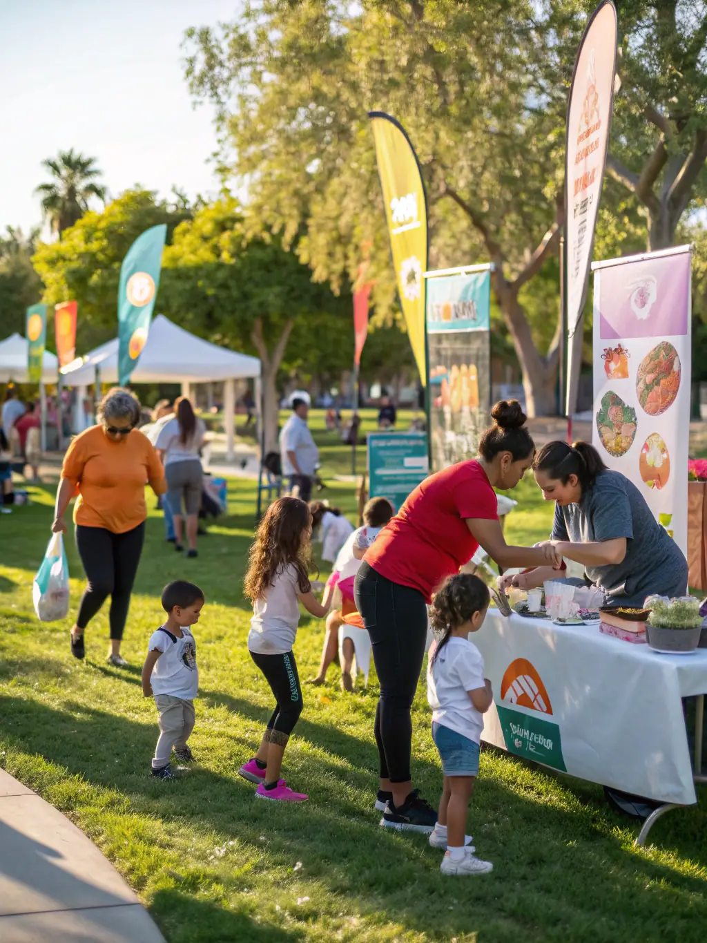 A community event promoting healthy lifestyles, with participants engaging in various activities and receiving information on nutrition and well-being, highlighting the UNION DÉPARTEMENTALE UGSEL DU CHER's focus on public health.