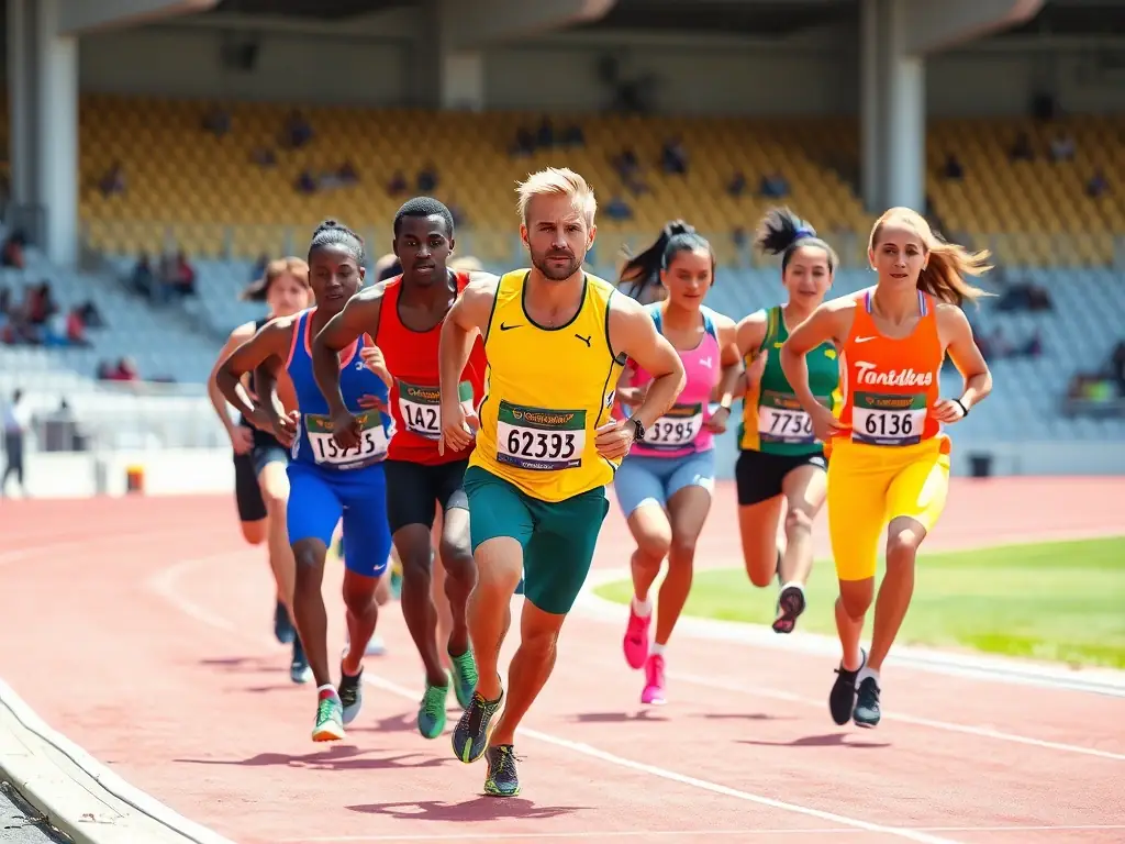 A vibrant image of young athletes participating in a track and field event organized by UNION DÉPARTEMENTALE UGSEL DU CHER, showcasing teamwork and healthy competition.