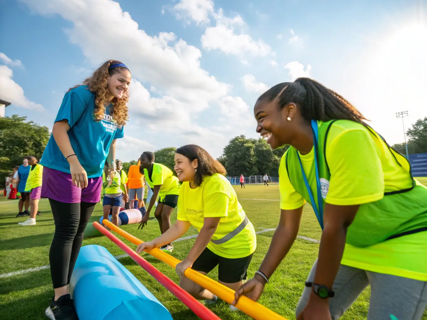 A group of young volunteers assisting at a local sports event organized by UGSEL DU CHER, showing community engagement and support.