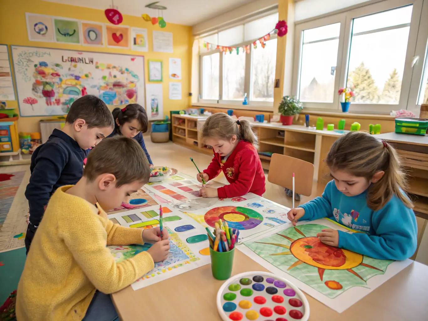 A photograph of children engaged in a creative arts workshop, painting and expressing themselves artistically.