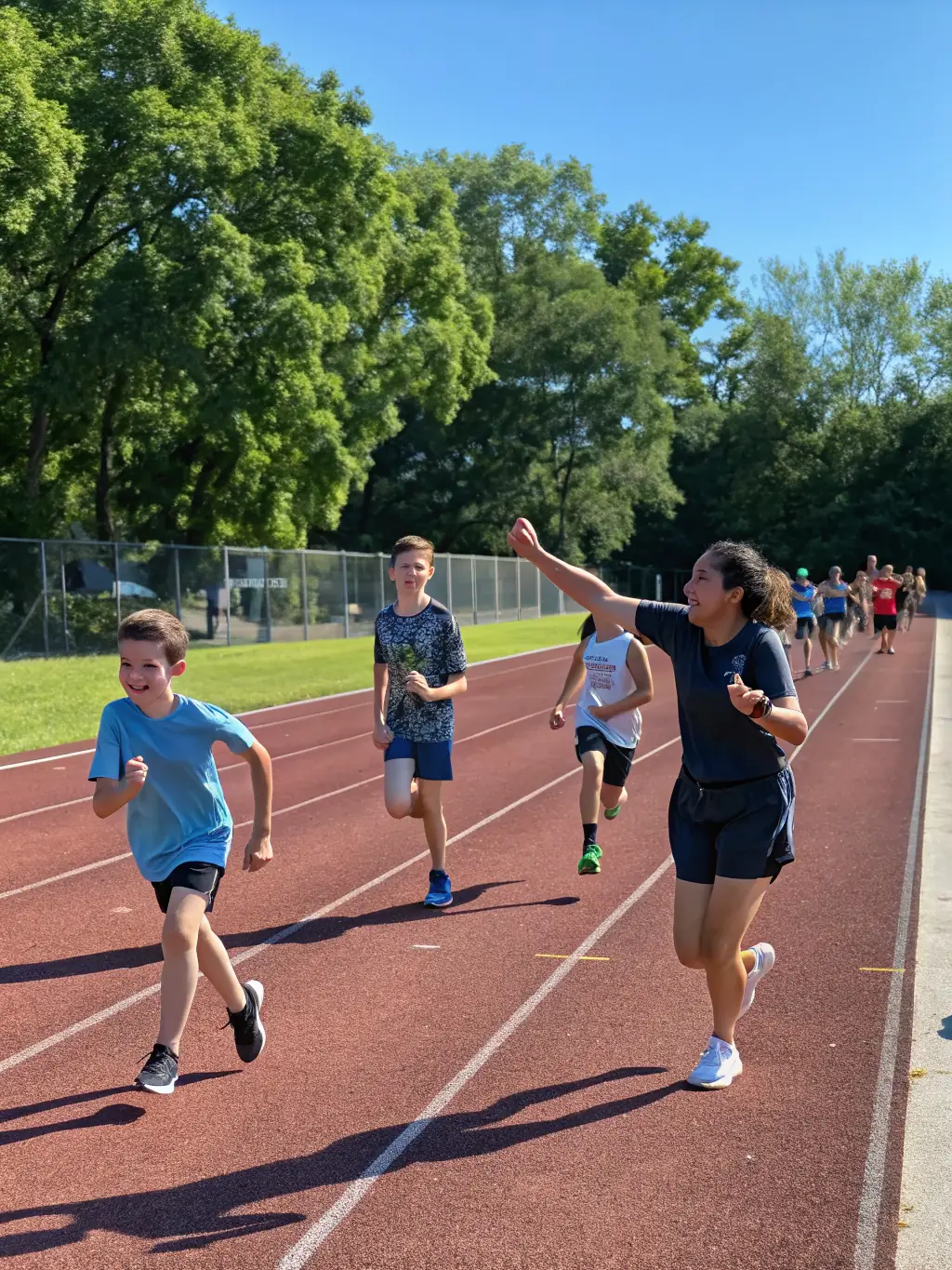 A group of young athletes participating in a track and field event, showcasing the spirit of competition and teamwork.