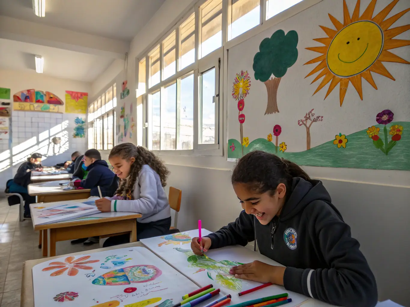 An image of children participating in a cultural workshop, such as painting or music, organized by UNION DÉPARTEMENTALE UGSEL DU CHER, highlighting creativity and cultural exchange.
