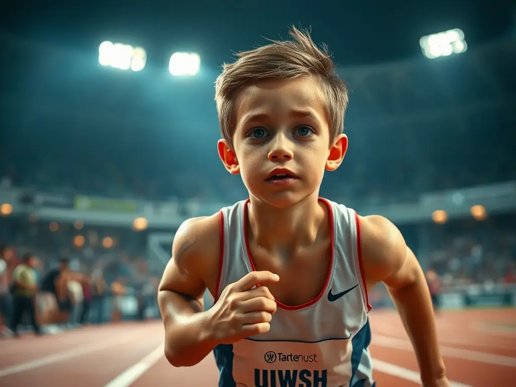 A dynamic image showing a group of young athletes participating in a track and field event, showcasing teamwork and healthy competition.